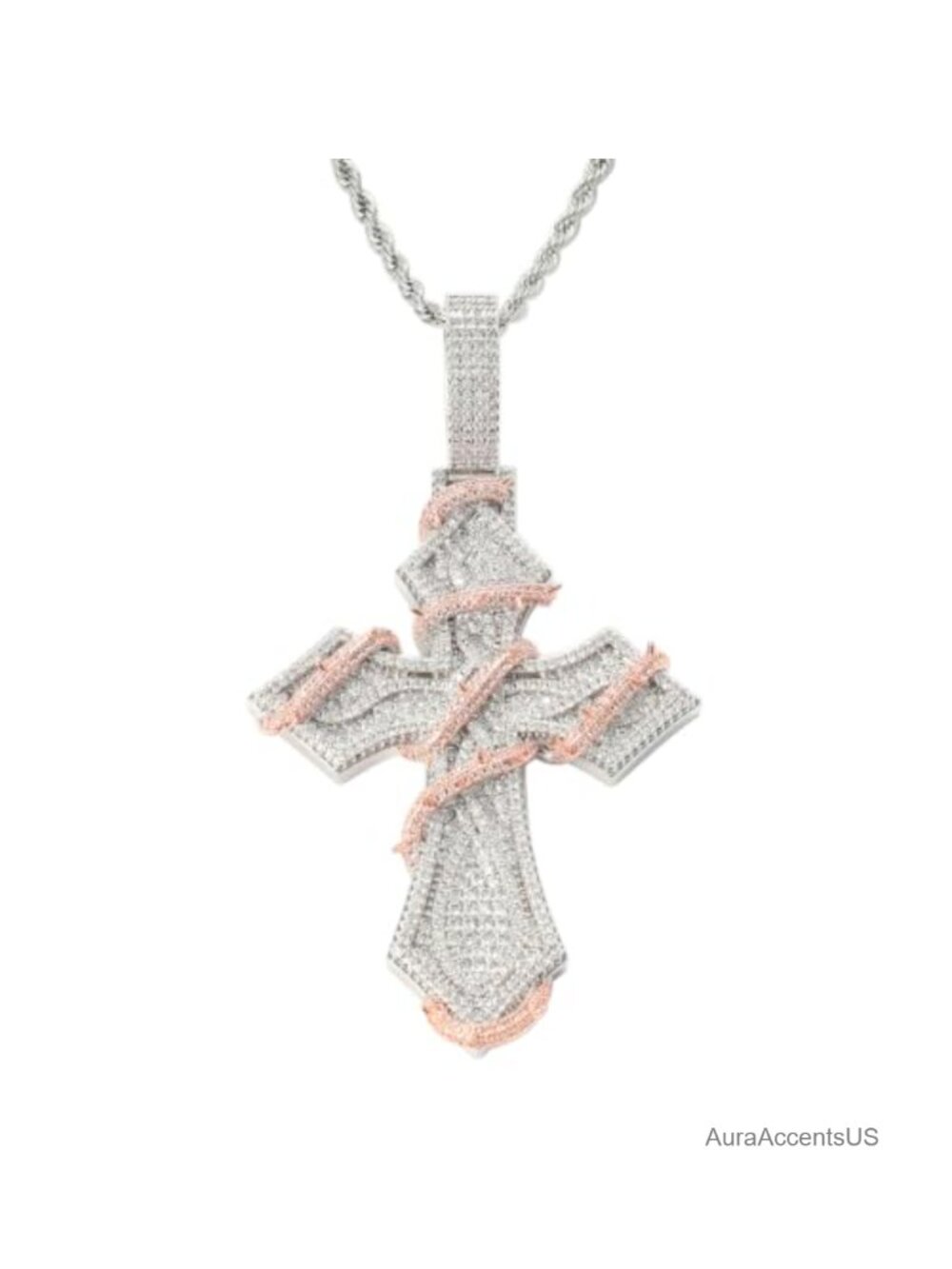 14K Gold Plated Two-Tone Thorn Cross Pendant Necklace 9.5cm Oversized 5A Zircon